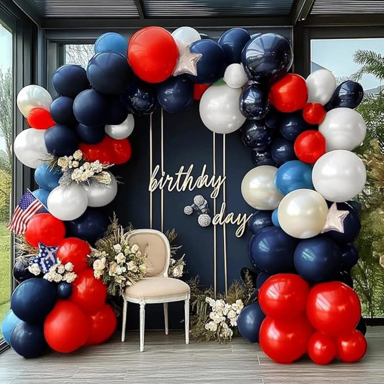 Navy Blue Red White Balloon Arch, Double Stuffed Royal Blue Red Pearl White Sand Balloon Garland Kit for Birthday Graduation Baby Shower Patriotic Nautical Baseball 4th of July Party Decor